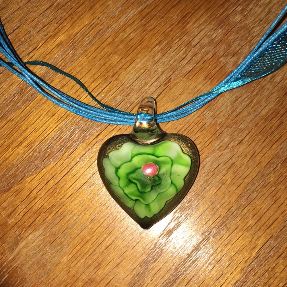 Hand blown glass Heart Pendant - Green Flower